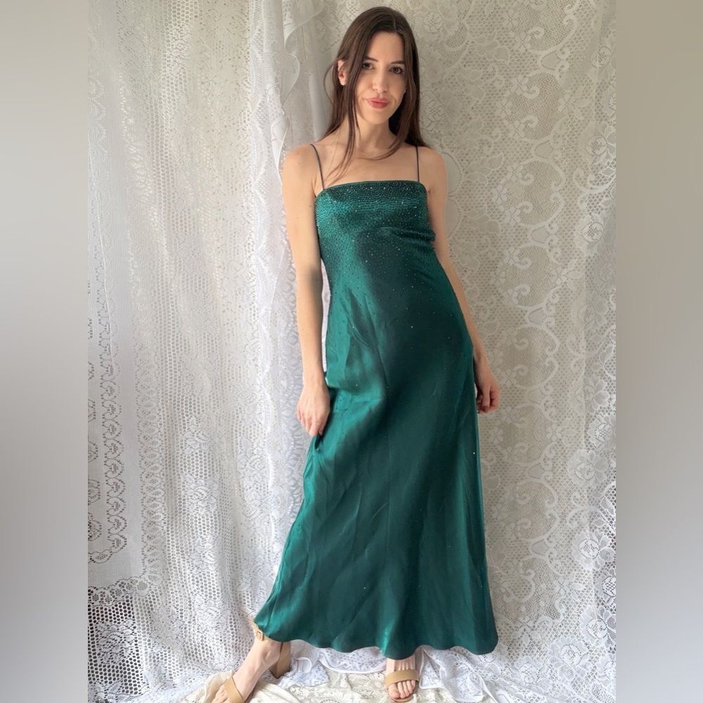 Y2K Teal Beaded Satin Slip Dress Morgan & Co Open Back Prom Maxi Gown